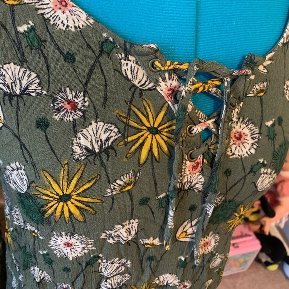 Boho 70s Olive Green Floral Bell Sleeve Dress - Picture 3 of 4